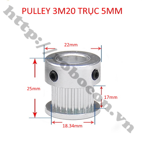 PKK730 Pulley Bánh Răng Nhôm 3M20 20 Răng Bản Rộng Đai 16mm Trục 5mm